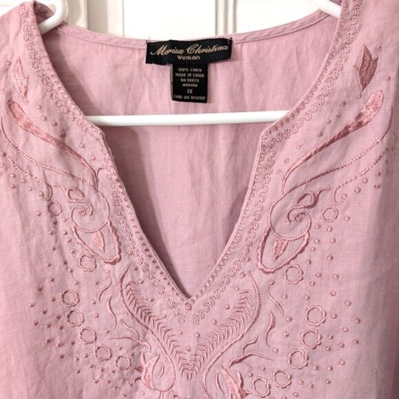 Marisa Christina 100% Linen Boho Embroidered Tunic Blouse Pink Size 1X - Picture 2 of 4